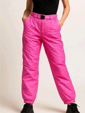 Vtg 80s Barbie Pink Ski Pants Women 12 28 Snow Suit Belted Magenta Retro Nylon